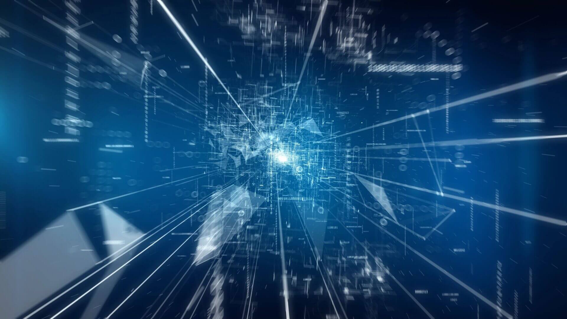 Abstract digital data streams converging in a futuristic network.